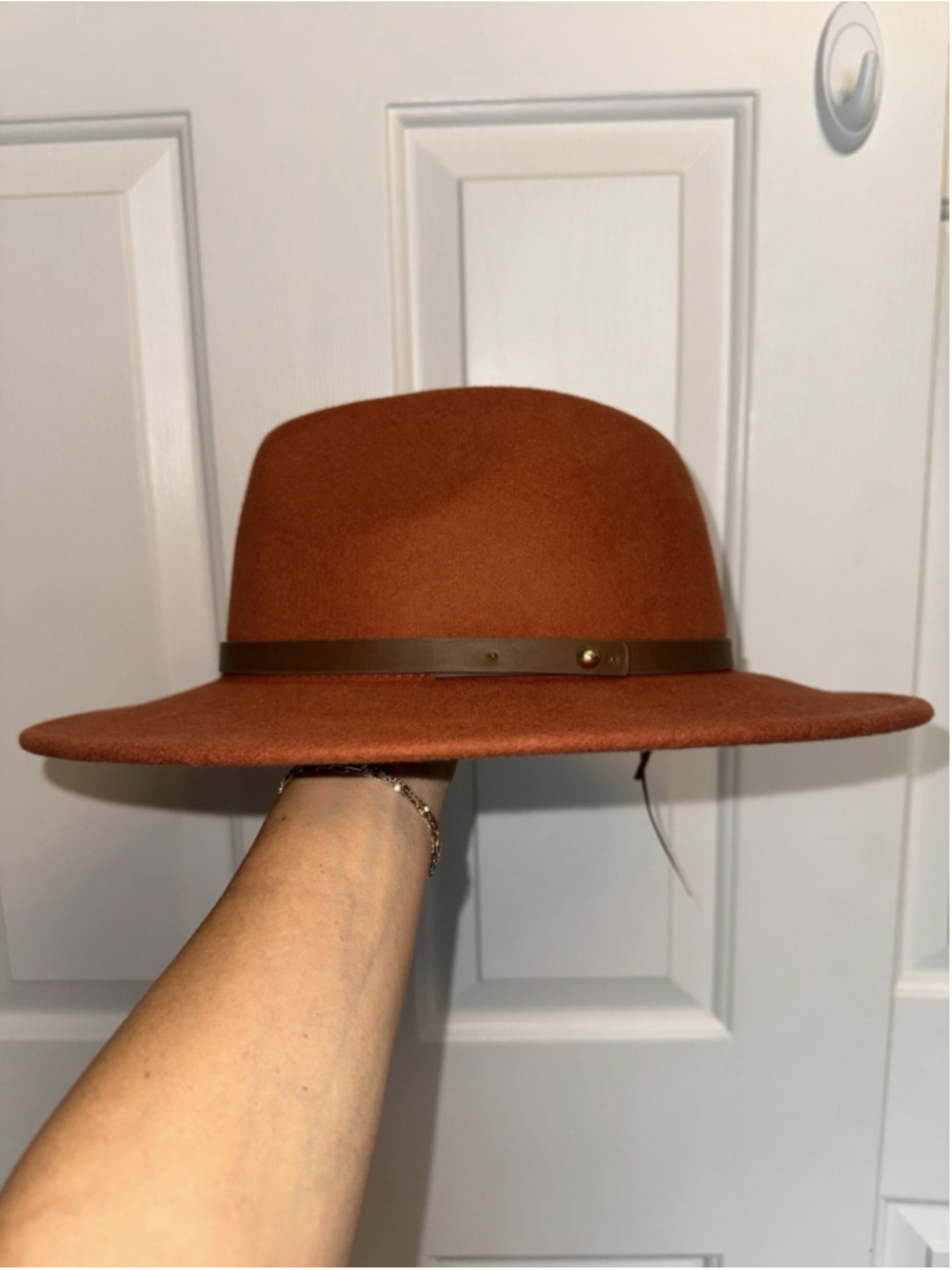Free People 100% Wool Fedora Hat Rust Burnt Orange Boho Autumn Indie Rancher OS - Picture 2 of 7